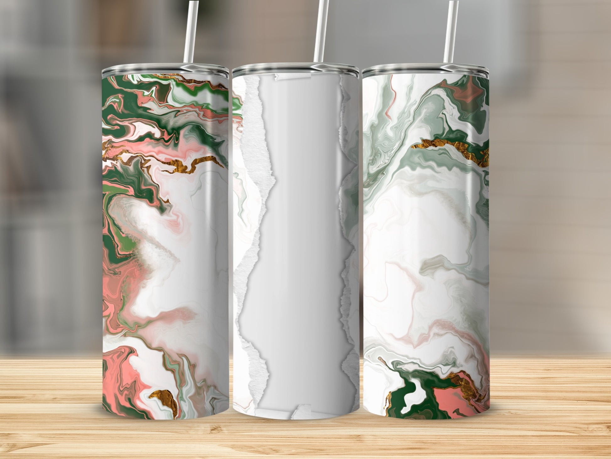 Three tumblers with swirling pink, green, and gold marble designs.