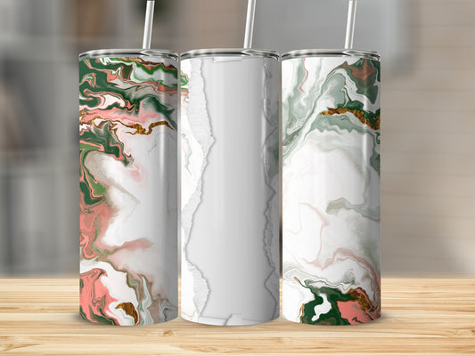 Three tumblers with swirling pink, green, and gold marble designs.