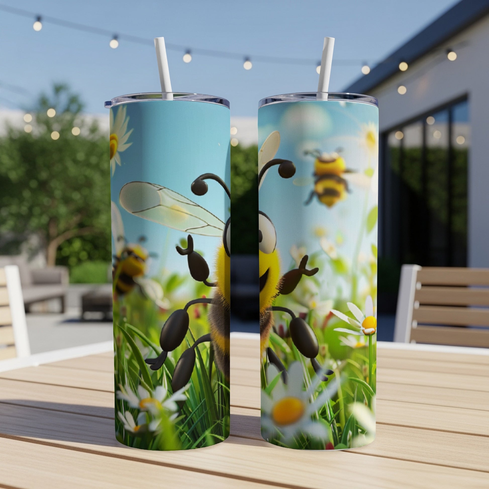 Two cartoon bees with straw cups on a table with daisies.