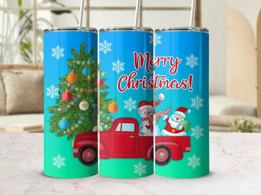 Red truck carrying Christmas tree with Santa and snowman.