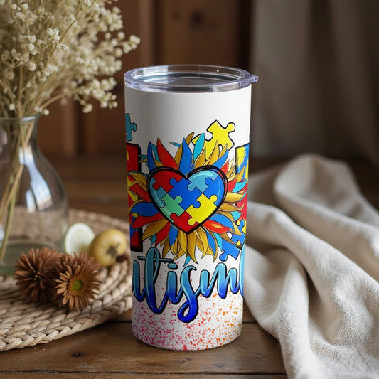 Colorful Autism Awareness Tumbler with Heart Puzzle Design