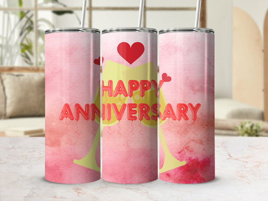 Three pink gradient tumblers with "Happy Anniversary" text and champagne glasses.