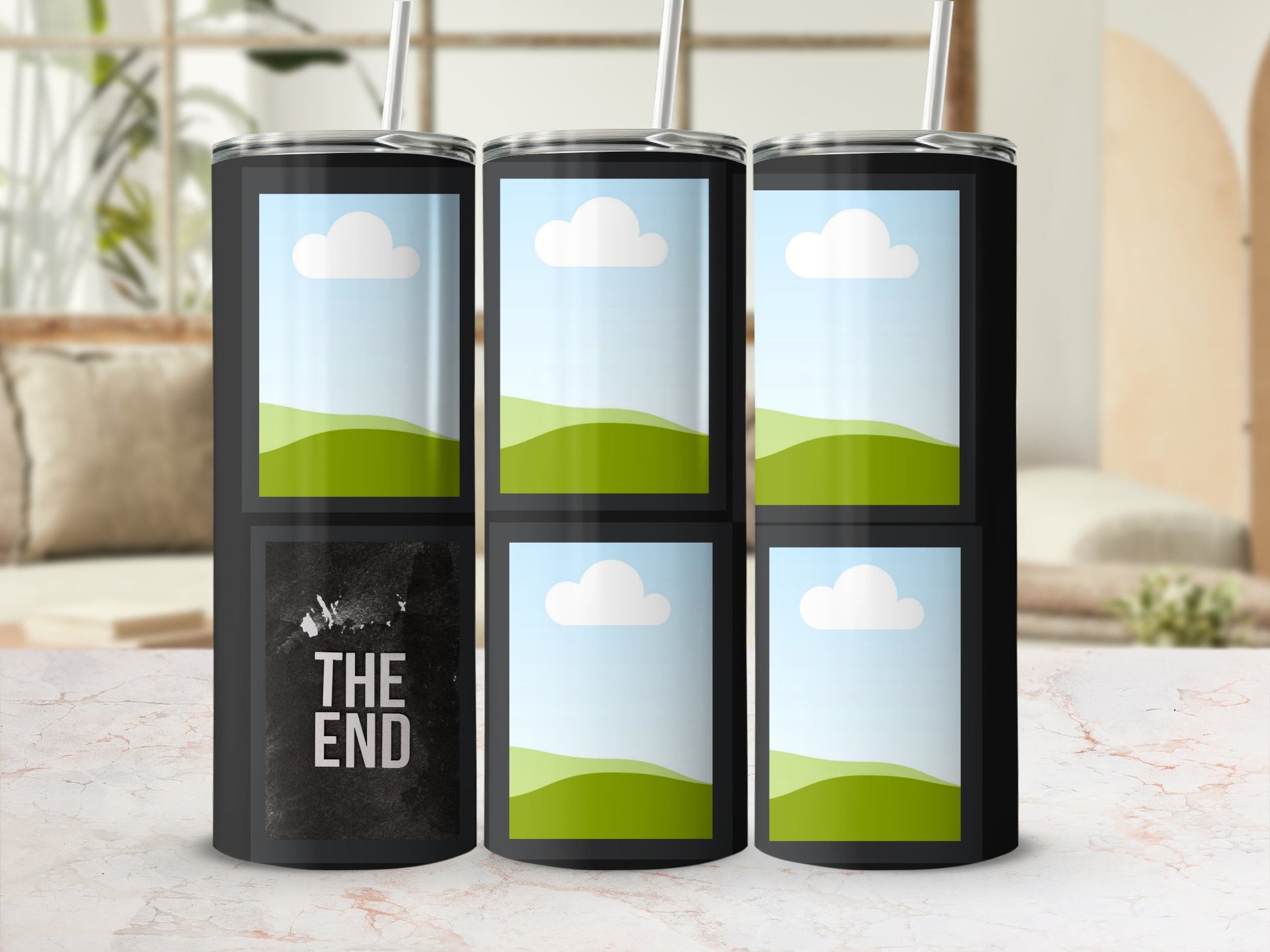 Tumbler with "The End" text on one side and five placeholder image frames.