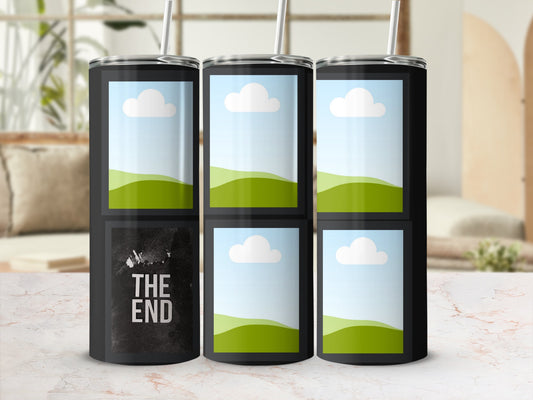 Tumbler with "The End" text on one side and five placeholder image frames.