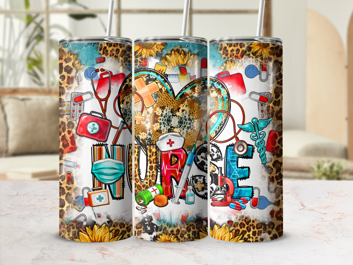 Leopard print tumbler with medical icons, heart, and "HOME".