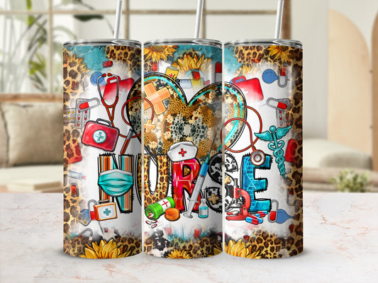 Leopard print tumbler with medical icons, heart, and "HOME".