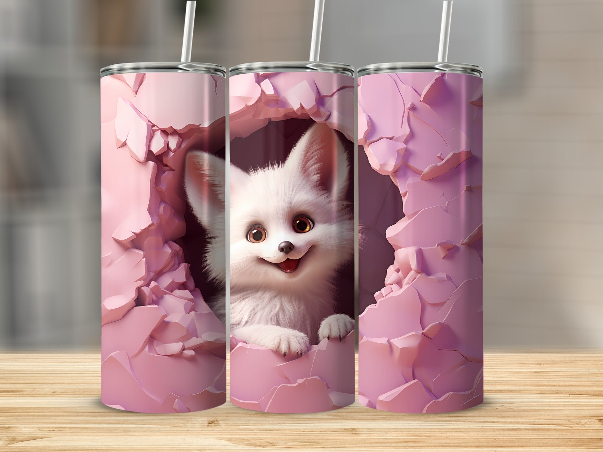 Cute White Puppy in Cracked Pink Background Tumbler
