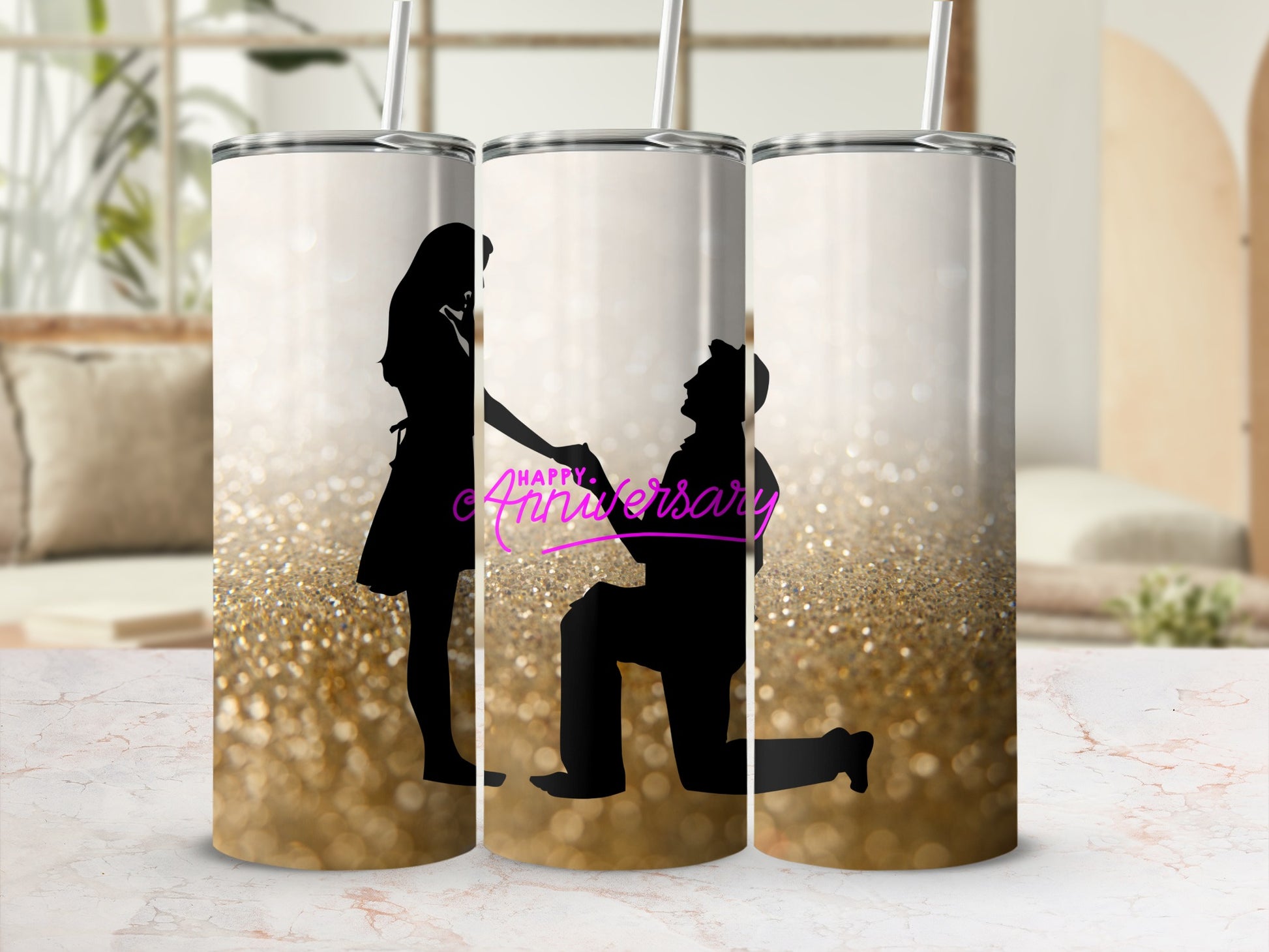 Couple silhouetted in proposal with "Happy Anniversary" text on glittery tumbler.