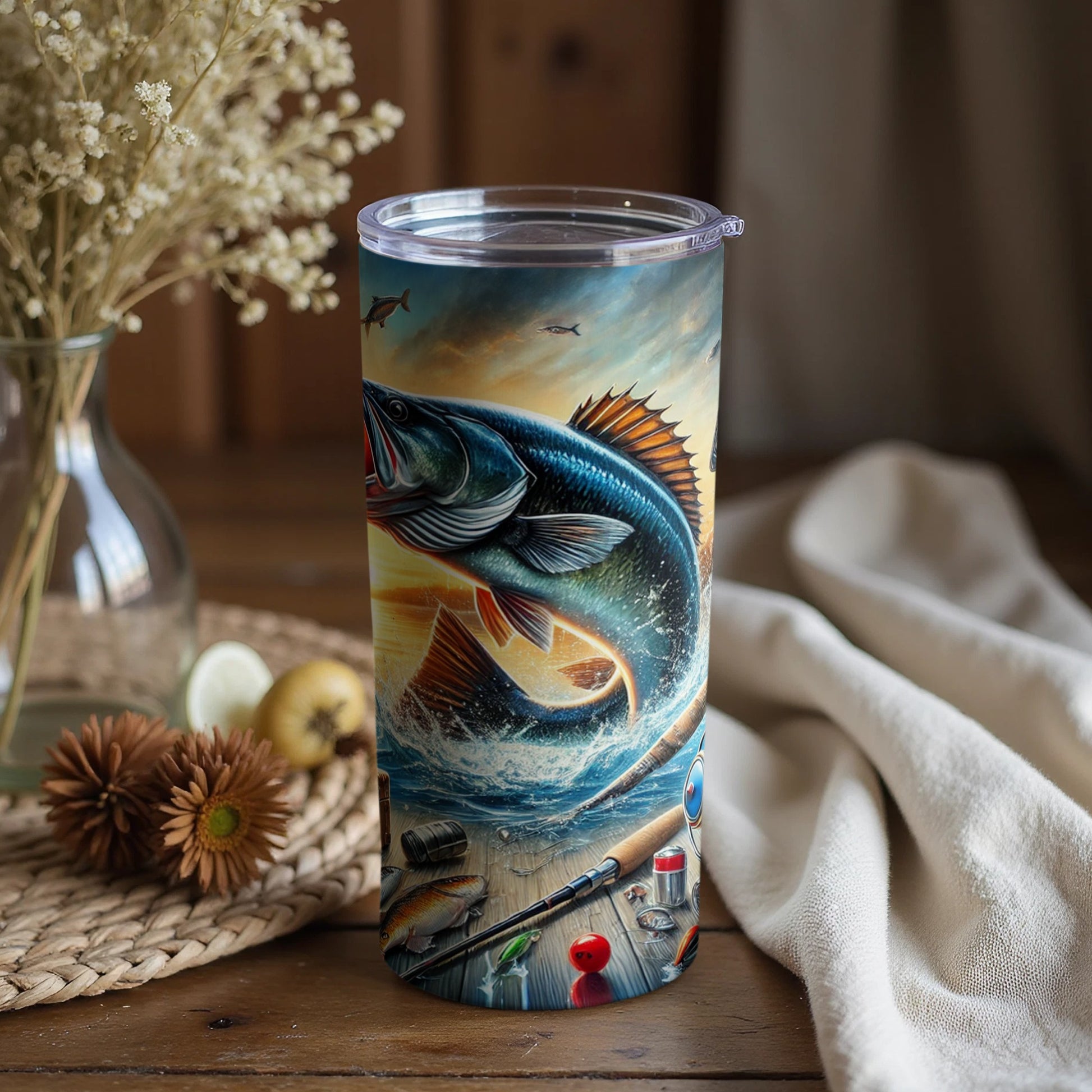 Stunning Fishing Scene Tumbler with Realistic Artwork