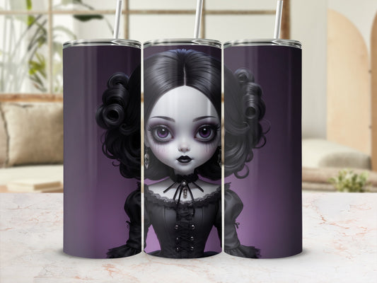 Gothic doll tumbler with spooky details and dark curly hair.