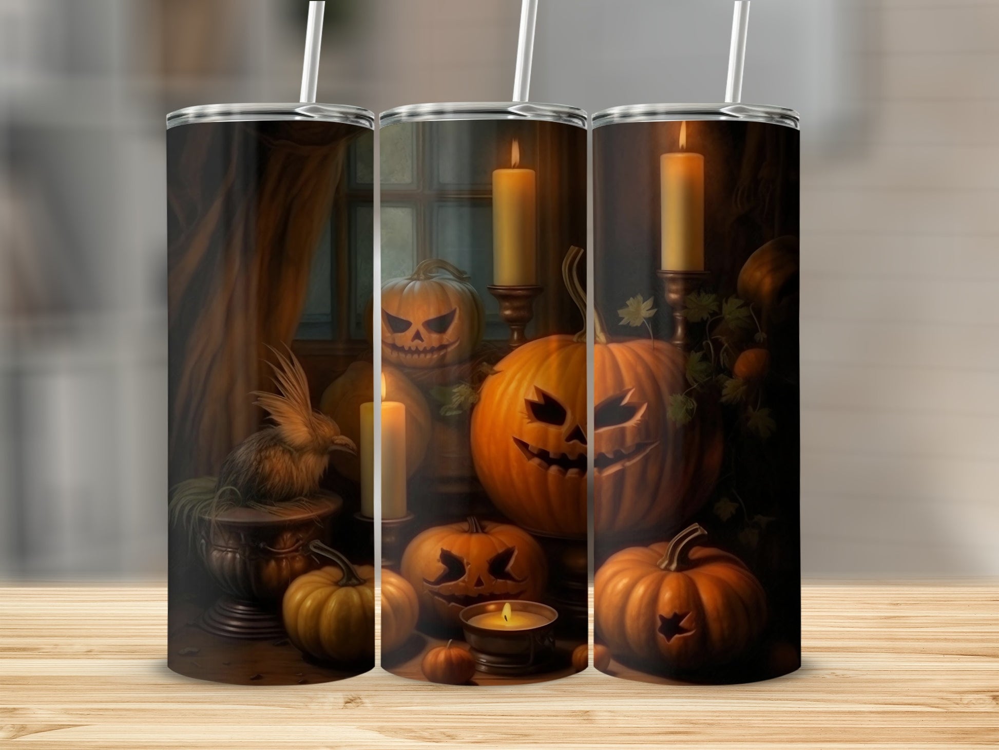 Halloween tumbler with jack-o'-lanterns, candle, and bird.