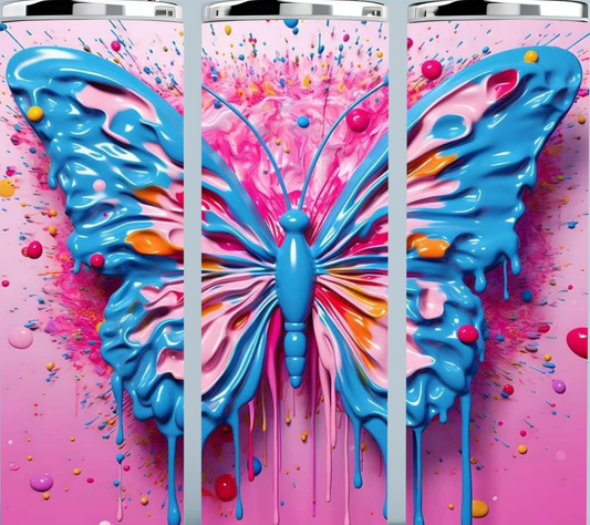 Melted Wax Pink and Blue Butterfly tumbler