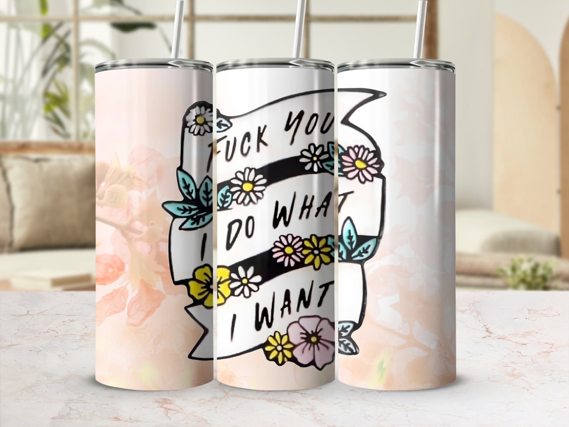 Decorative Insulated Tumbler with Floral and Quote Design