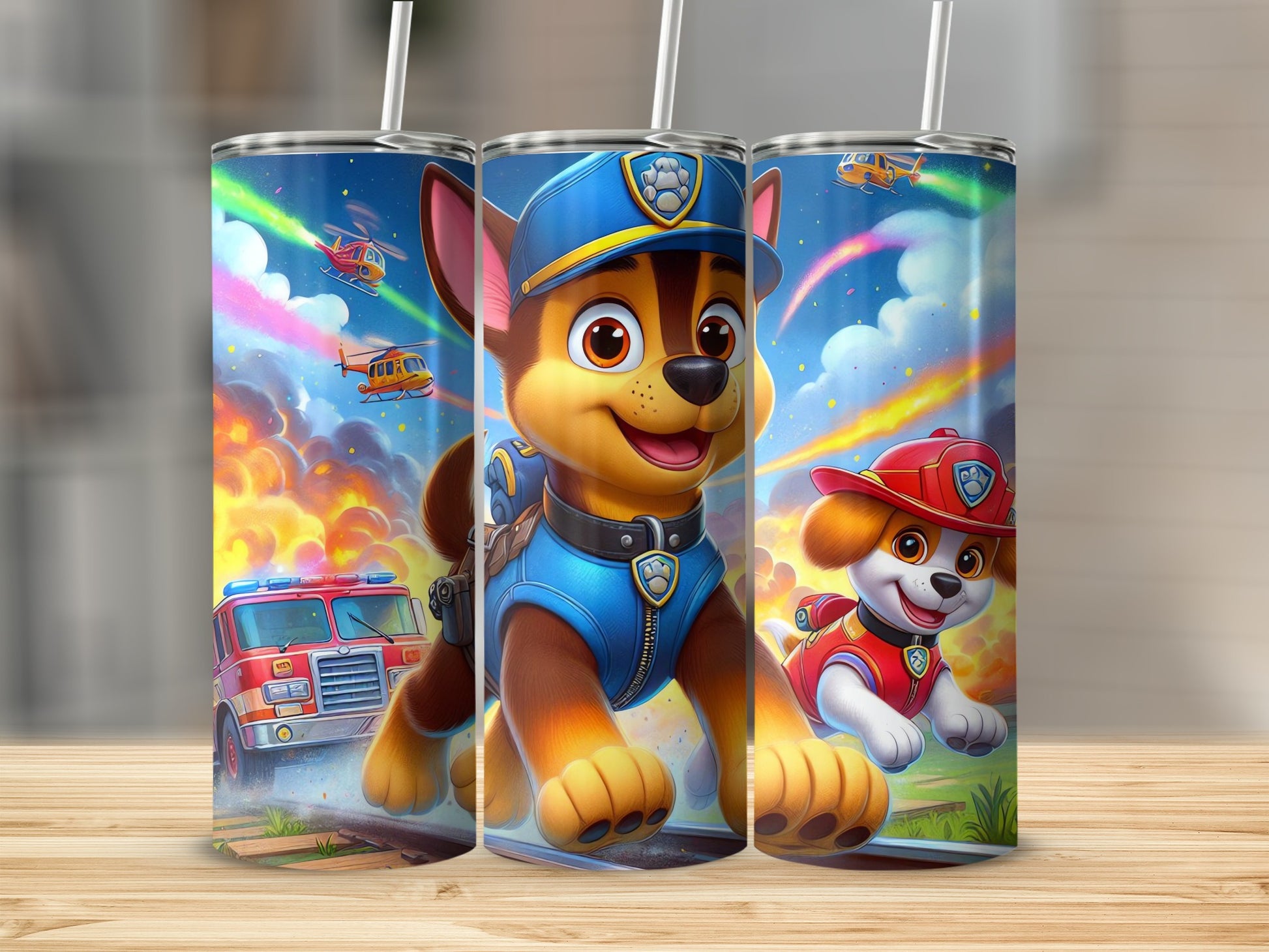 Colorful cartoon rescue team on tumbler drinkware
