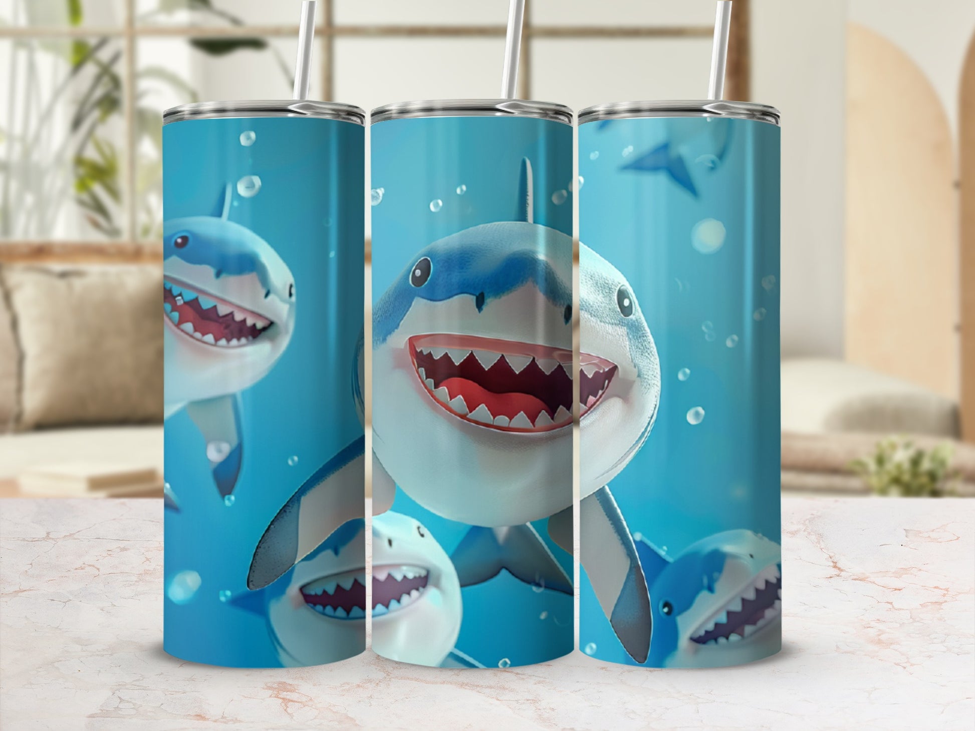 Three cartoon sharks with open mouths and straw lids on tumblers.