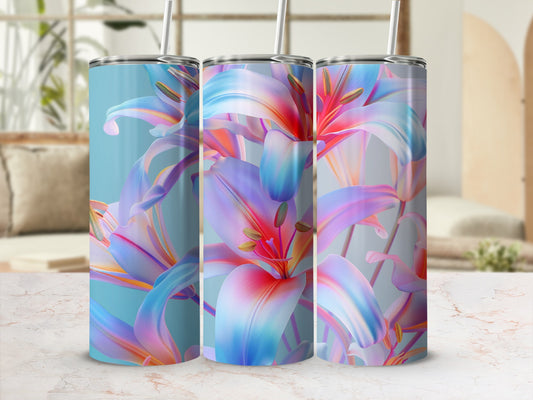 Three tumblers with a floral lily design on a marble countertop.
