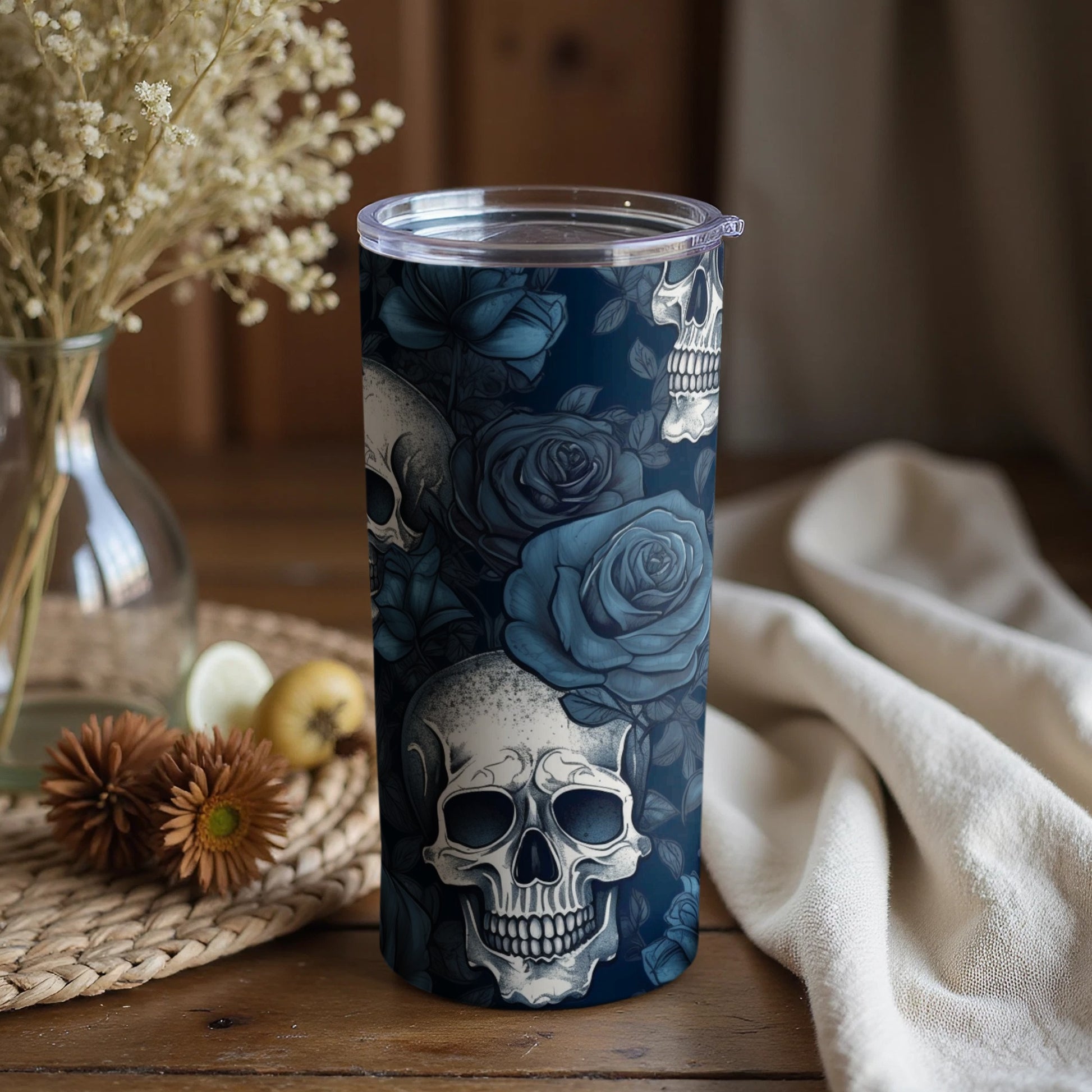 Gothic Skull and Blue Roses Design Tumbler