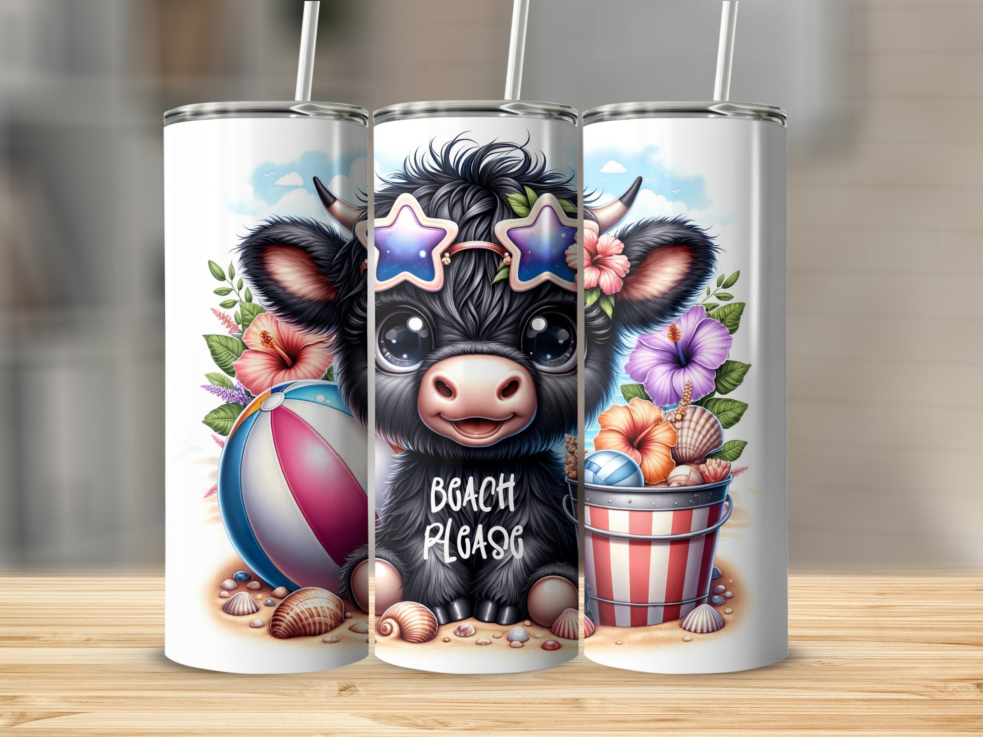 Cute cow in sunglasses with beach ball and flowers, text says "BEACH PLEASE".