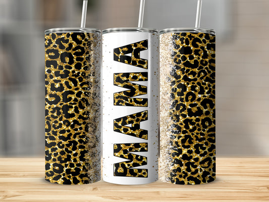 Mama tumbler with leopard print and gold glitter design.