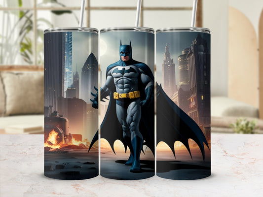 Batman standing in front of a cityscape with flames.