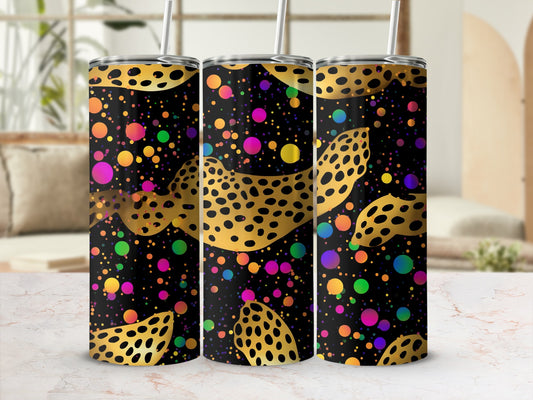 Three tumblers with a black background, gold leopard spots, and colorful polka dots.
