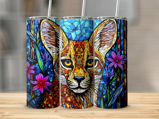 Stained glass art tumbler with a fox head and floral accents.
