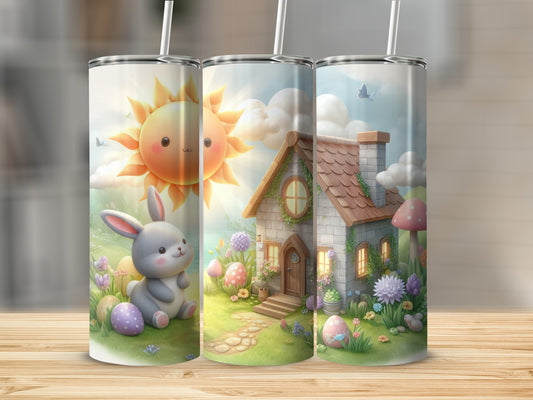 Easter bunny and sun with a cottage and pastel eggs.