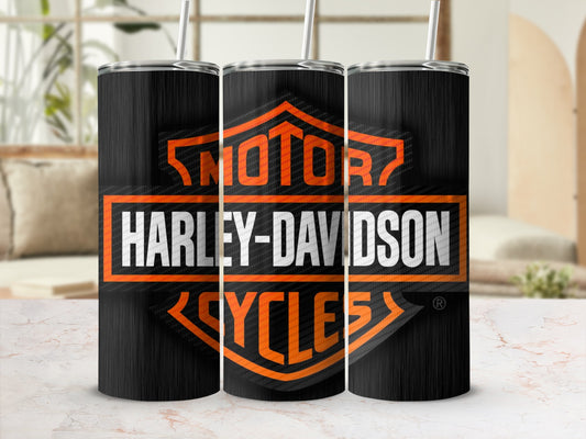 Three tumblers with the Harley-Davidson Cycles logo on a black carbon fiber design