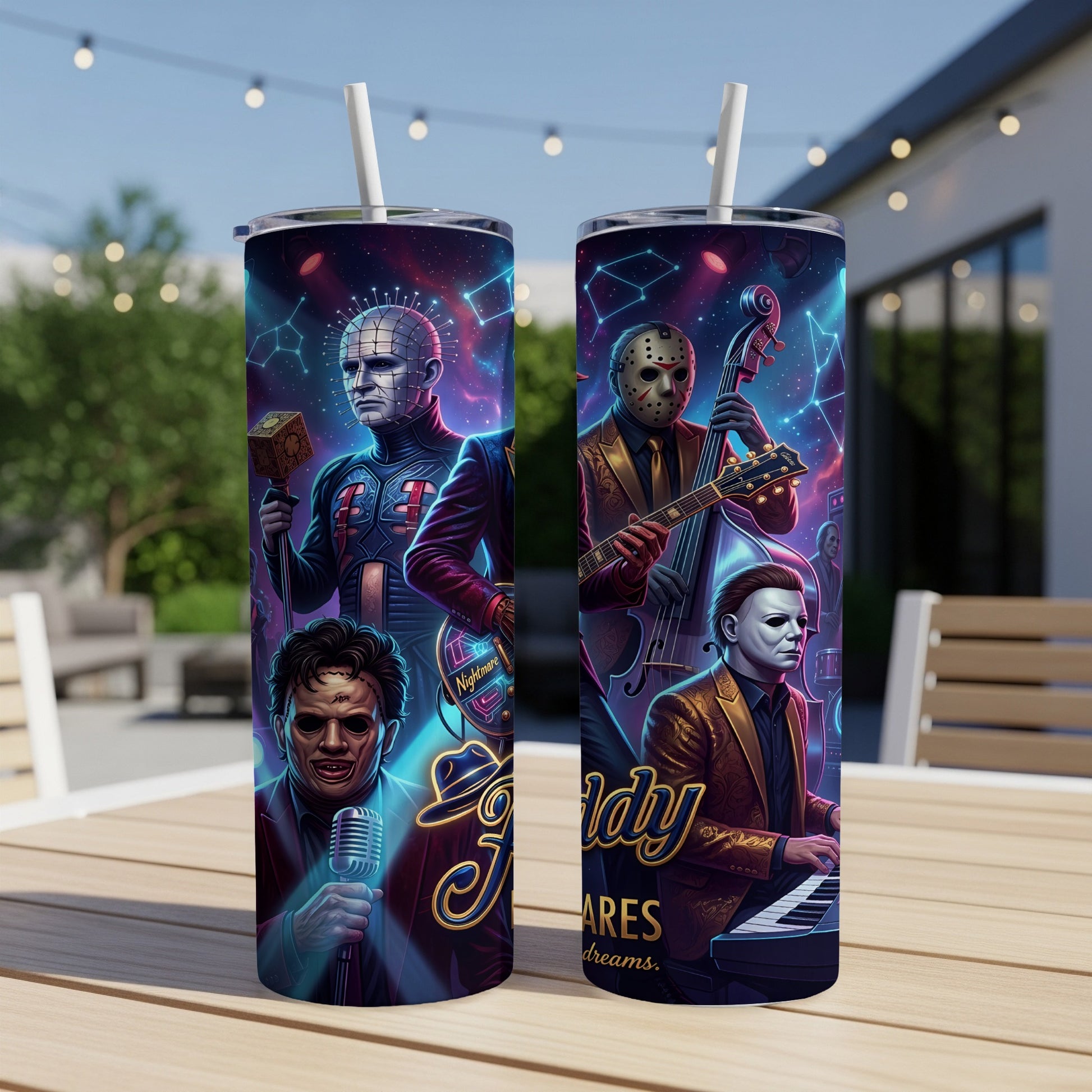 Horror movie characters in suits play instruments on a starry background.