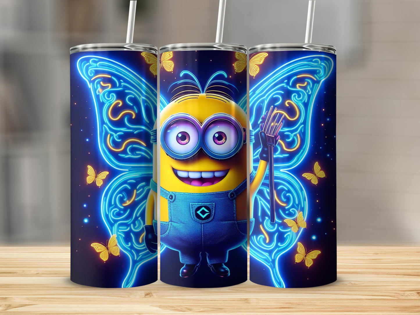 Vibrant Minion with Neon Butterfly Background Tumbler