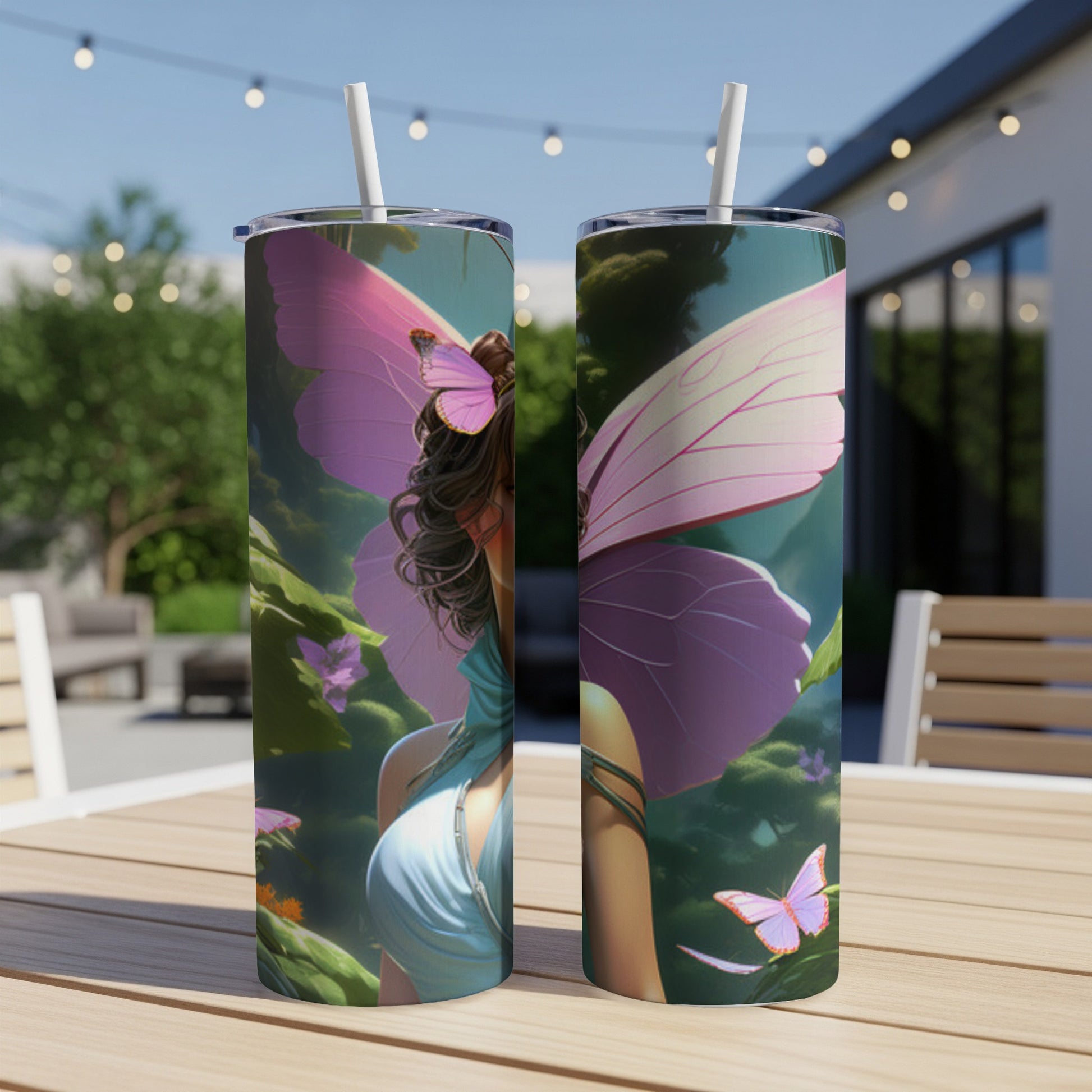 Fairy illustration on two tall tumblers with pink wings and floral background.