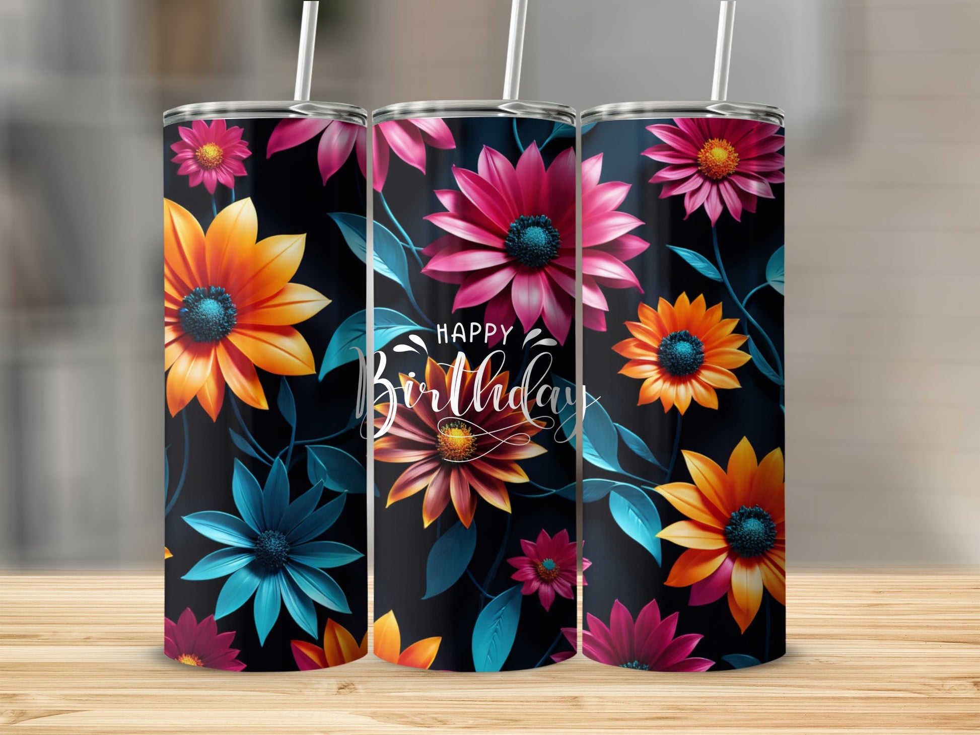 Happy Birthday tumbler with colorful floral design.
