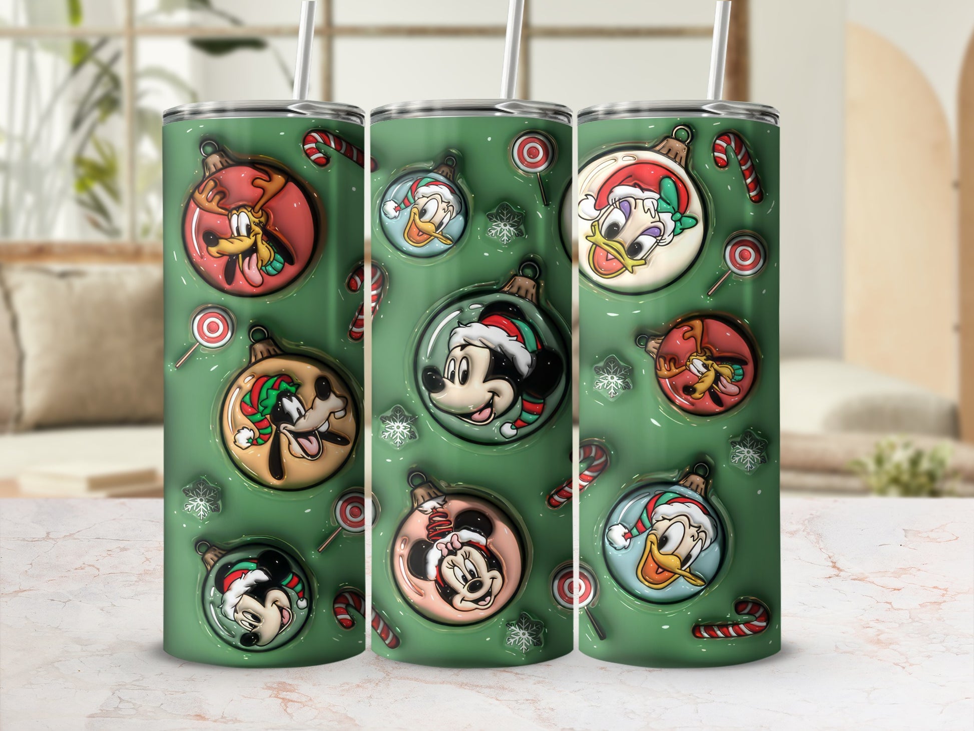 Festive Green Tumbler with Holiday Cartoon Characters