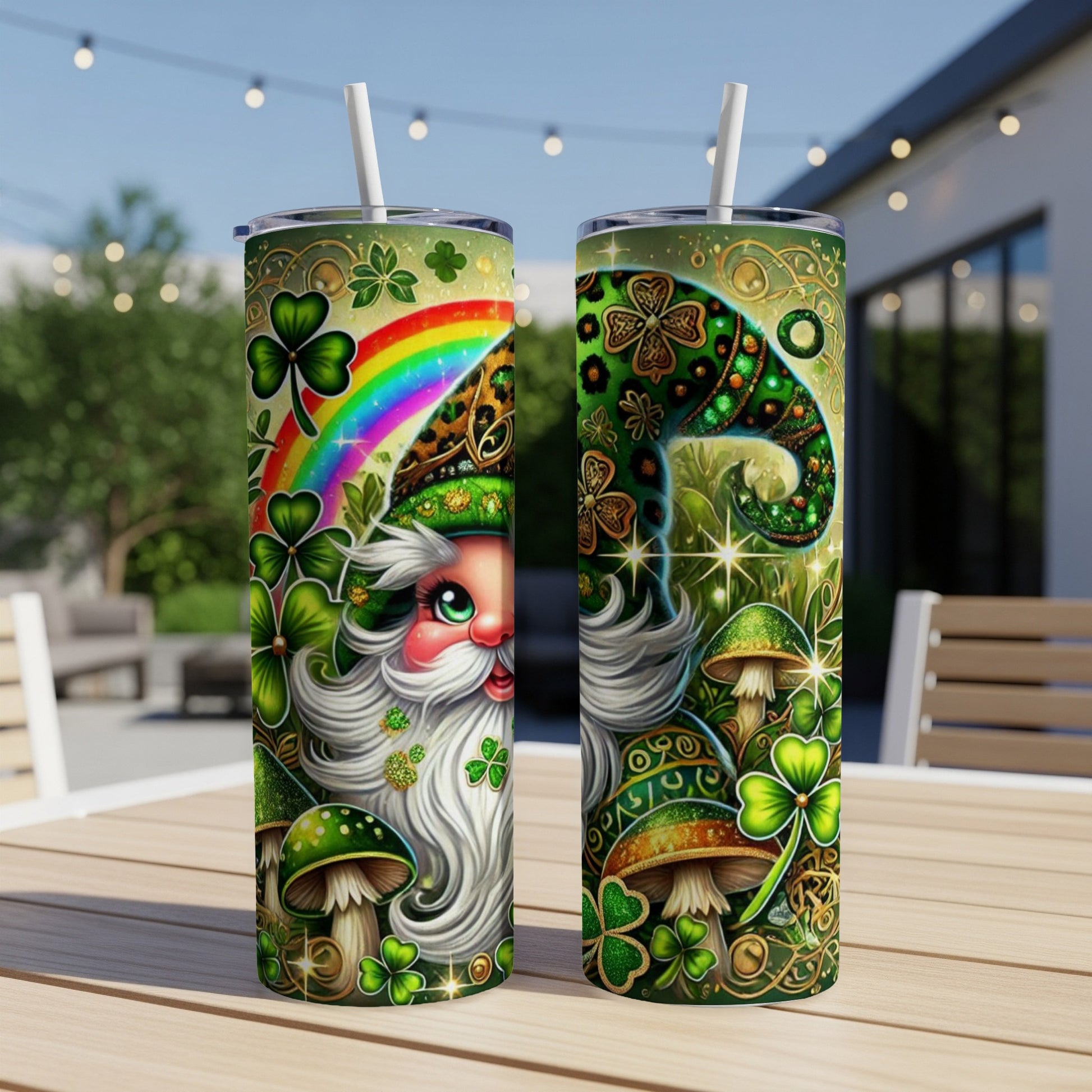 St. Patrick's Day tumbler with gnome, shamrocks, and rainbow design.