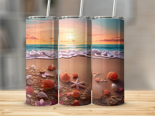 Ocean Sunset Beach Scene with Seashells Tumbler