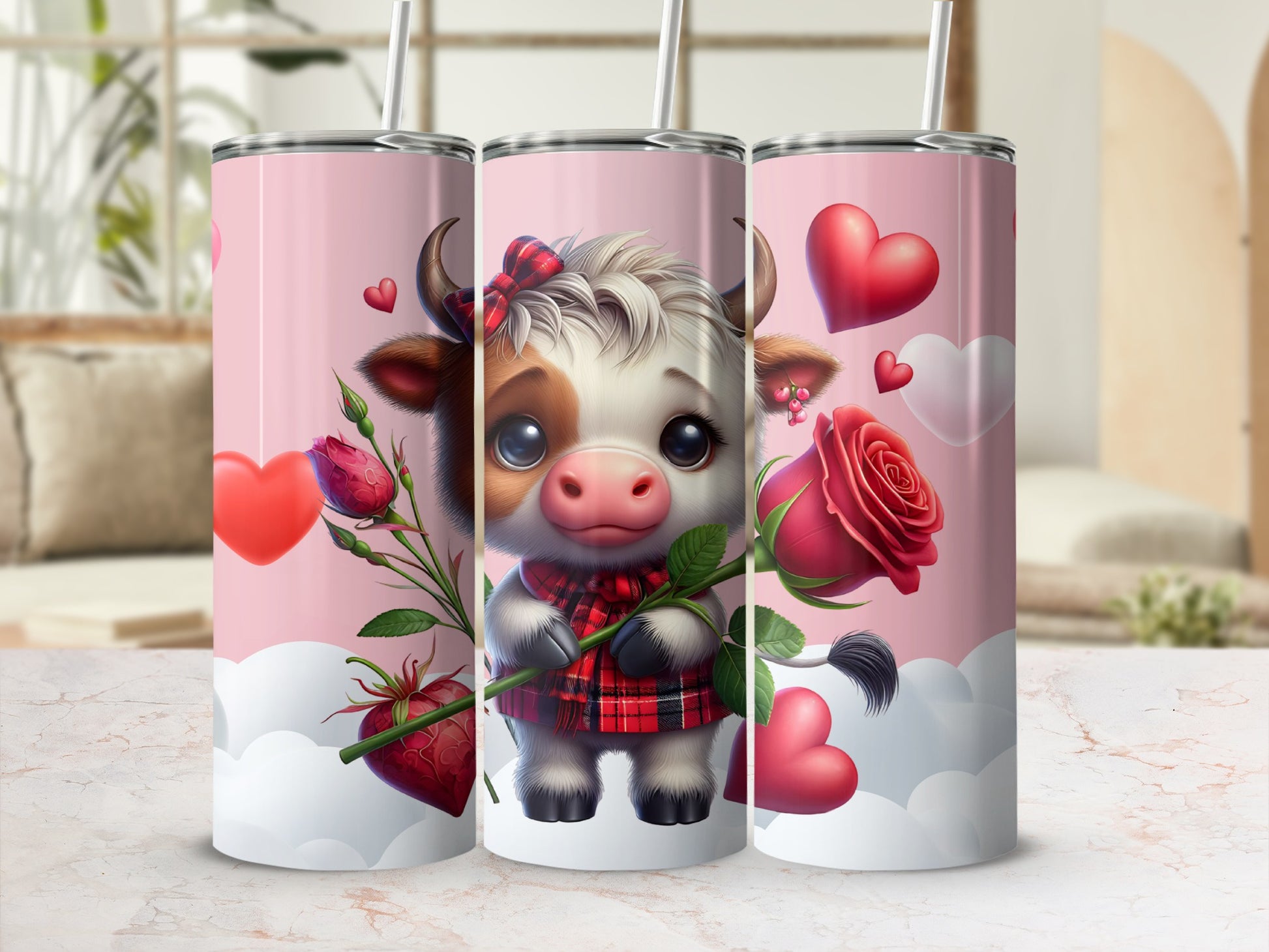 Adorable Cow with Roses Hearts Design Tumbler