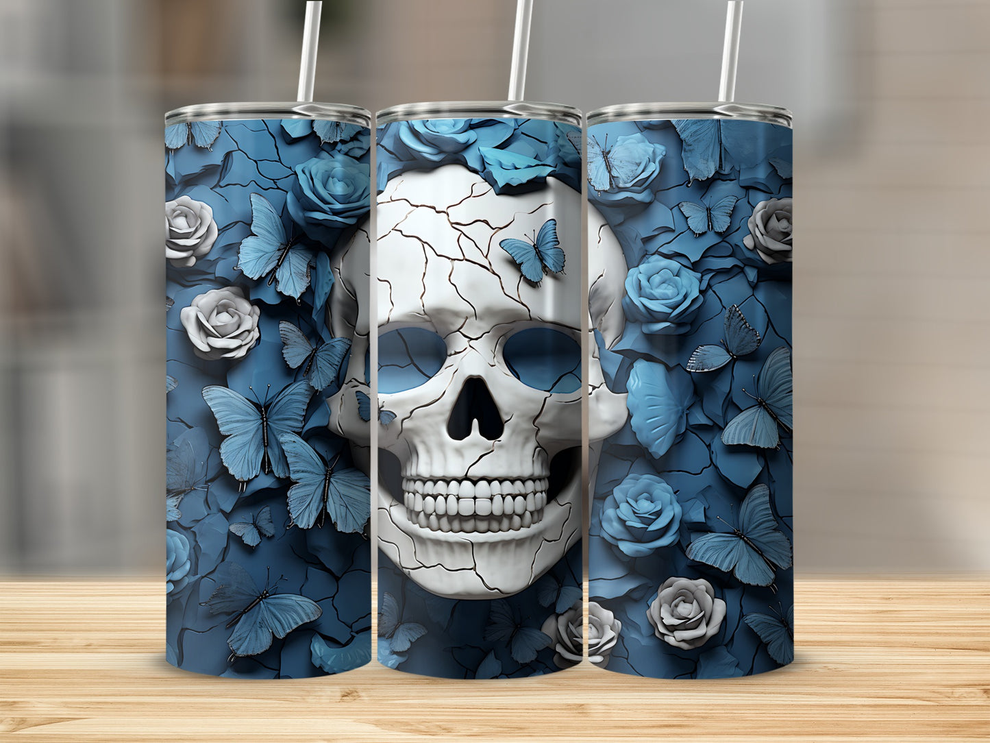 White cracked skull with blue roses and butterflies on a tumbler.