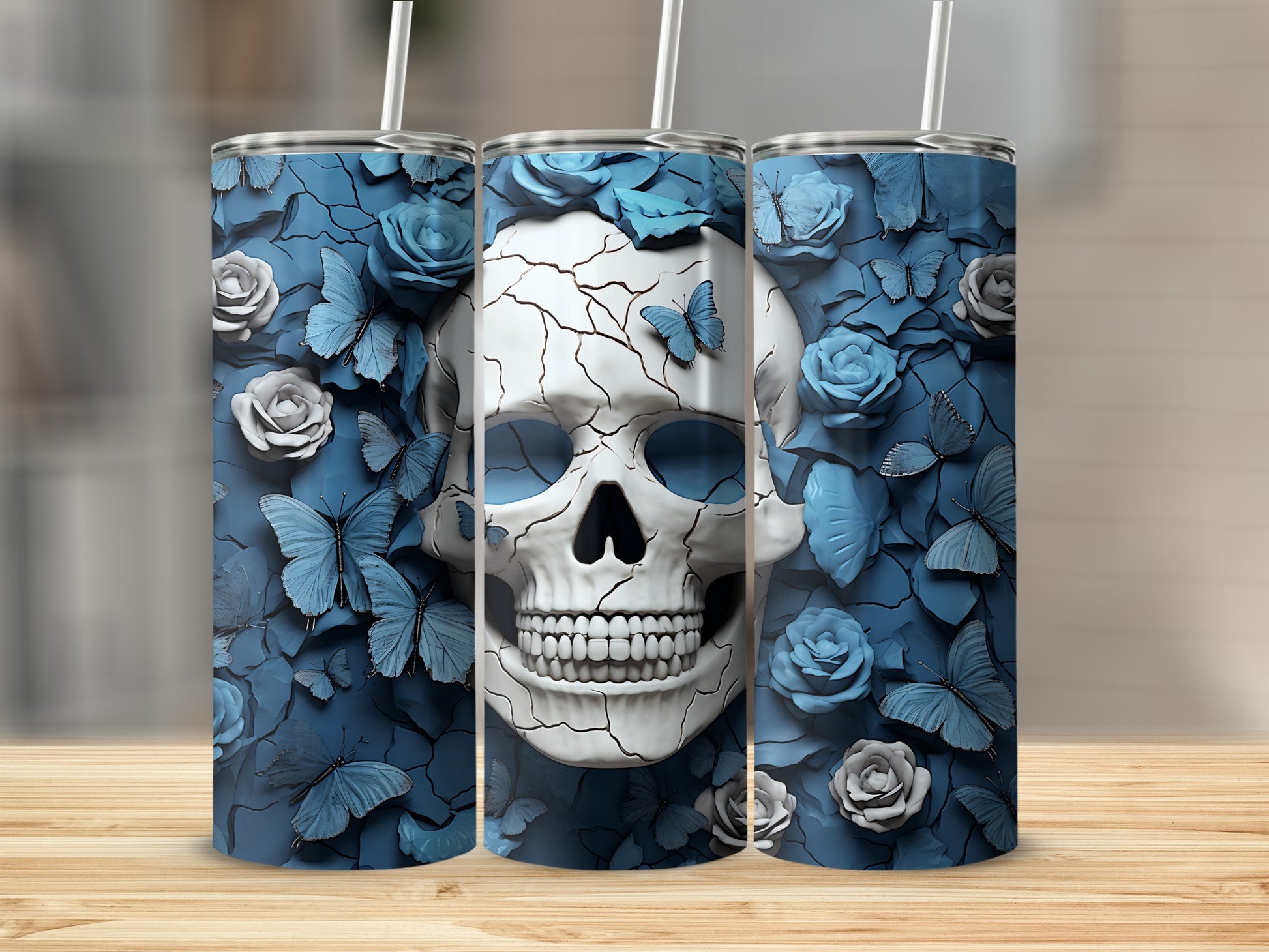 White cracked skull with blue roses and butterflies on a tumbler.