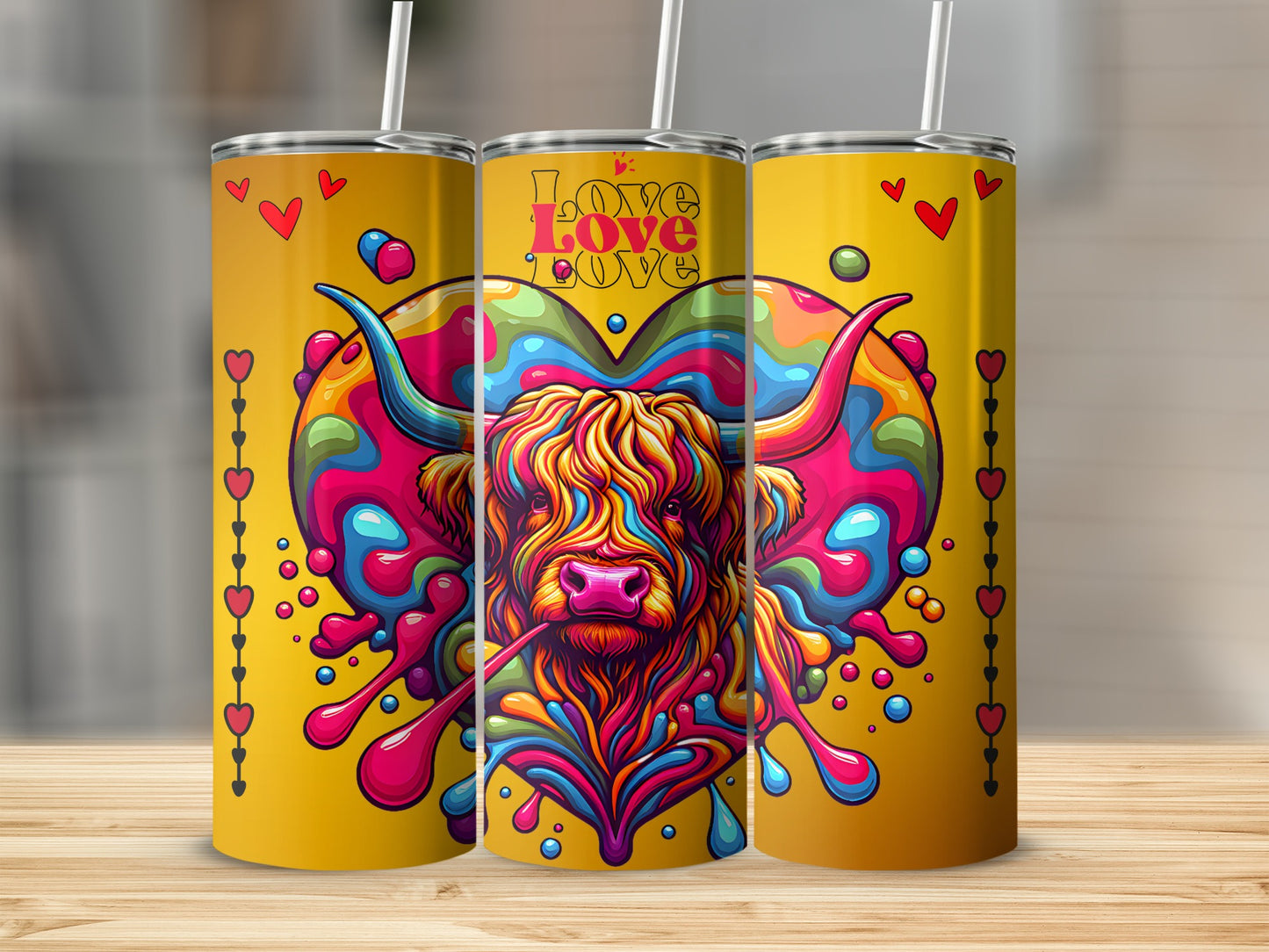 Colorful Highland Cow Hearts and Love Illustrated Tumbler