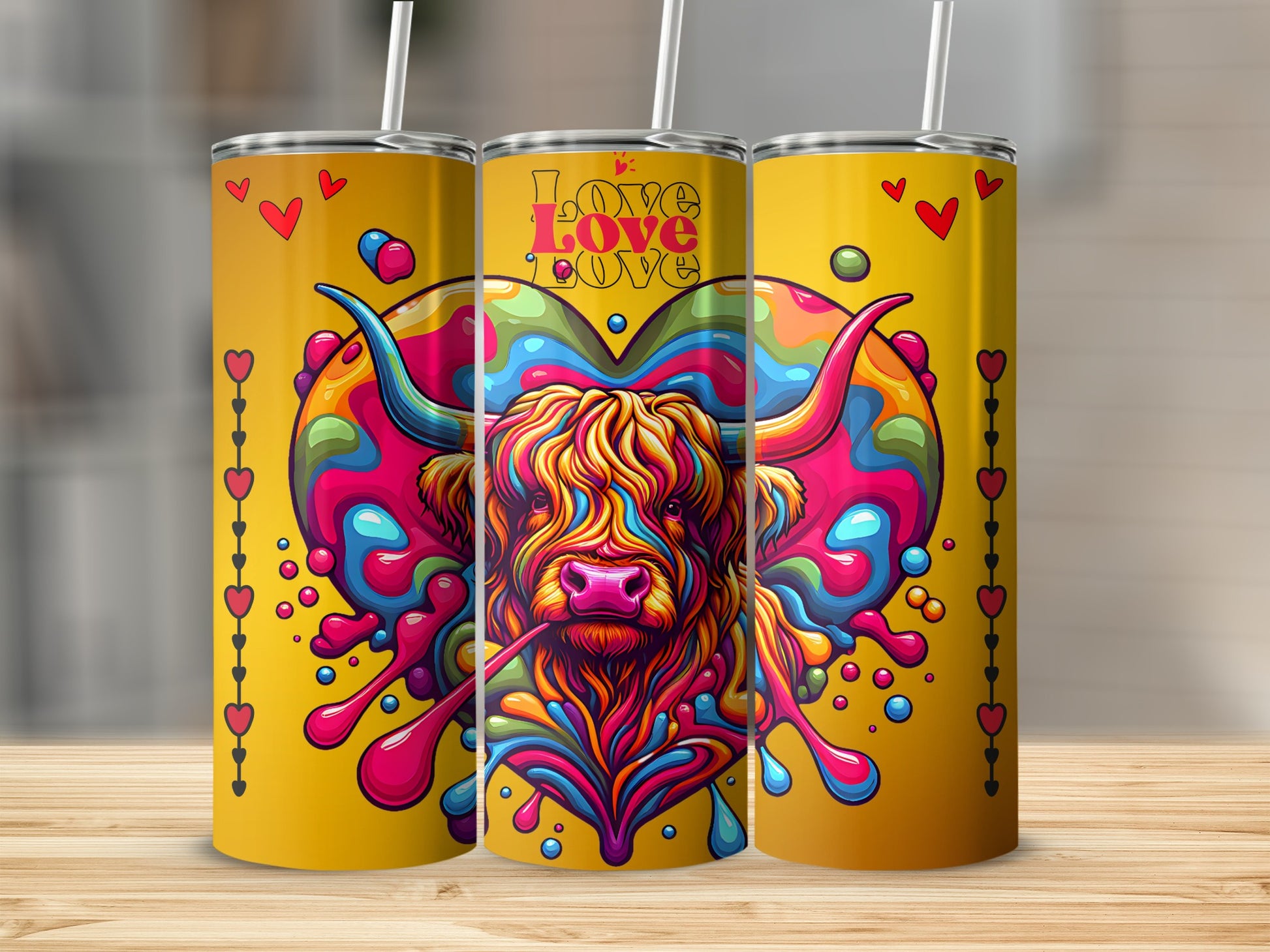 Colorful Highland Cow Hearts and Love Illustrated Tumbler