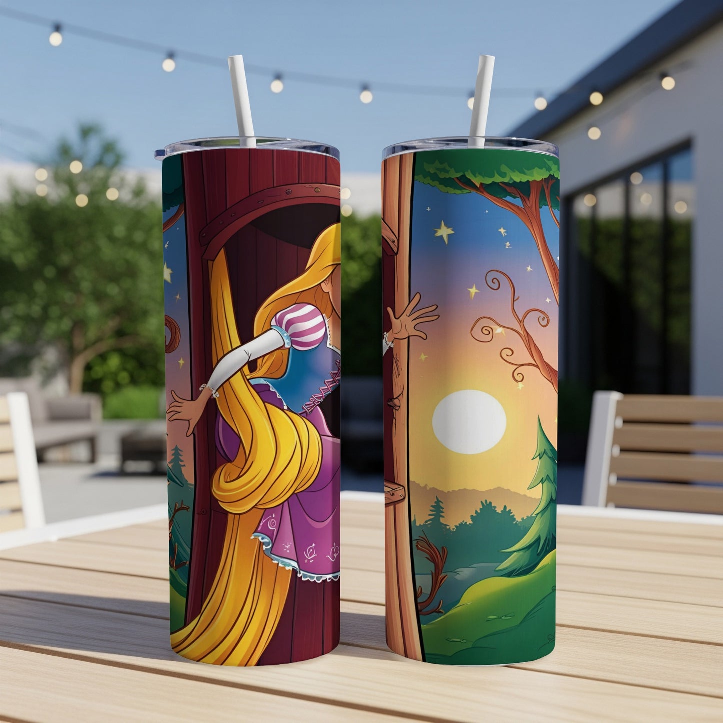 Rapunzel emerging from tower on a tumbler.