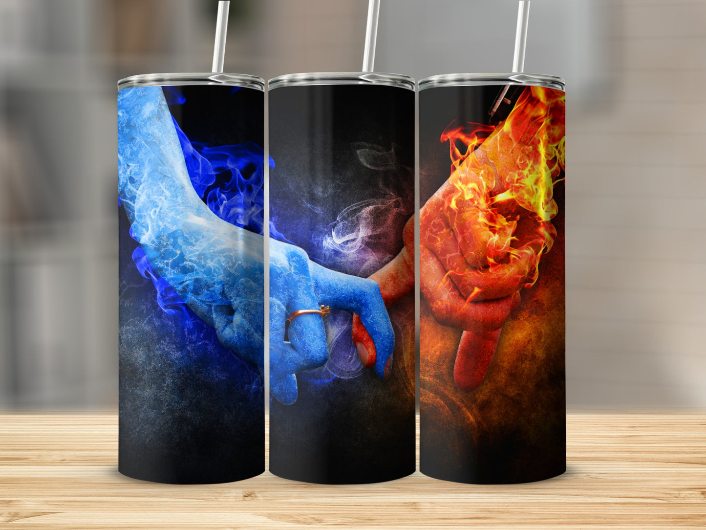 Fire and Ice Hands Touching Romantic Flames Tumblers