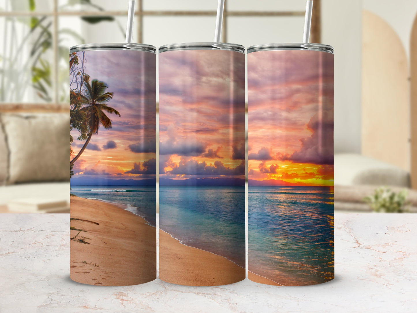 Beautiful sunset beach scene on travel tumbler