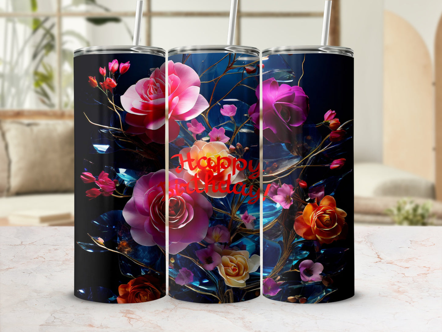 Tumbler with "Happy Birthday" text and colorful roses and blue crystals.
