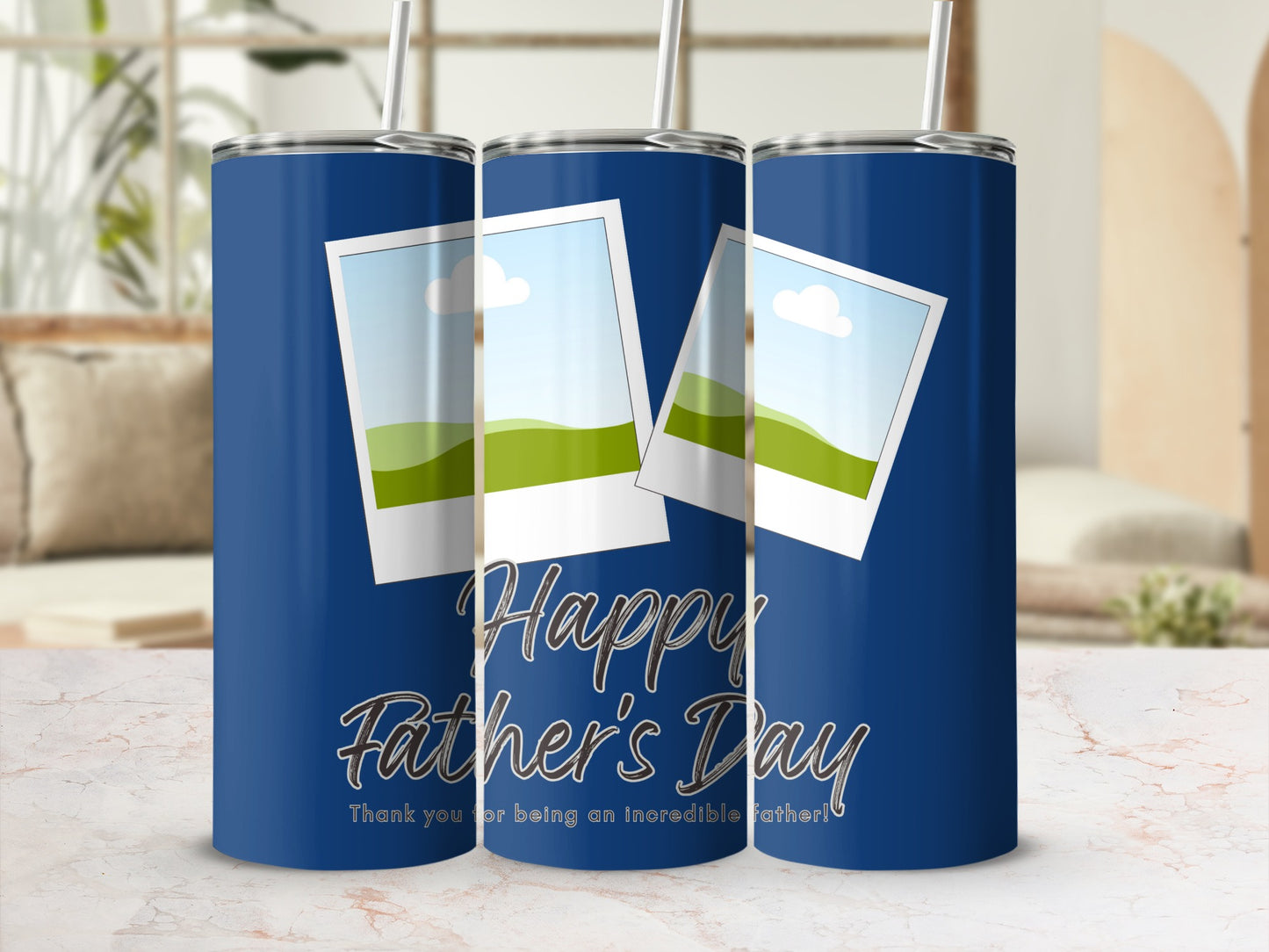 Three blue tumblers with "Happy Father's Day" and photo frames.