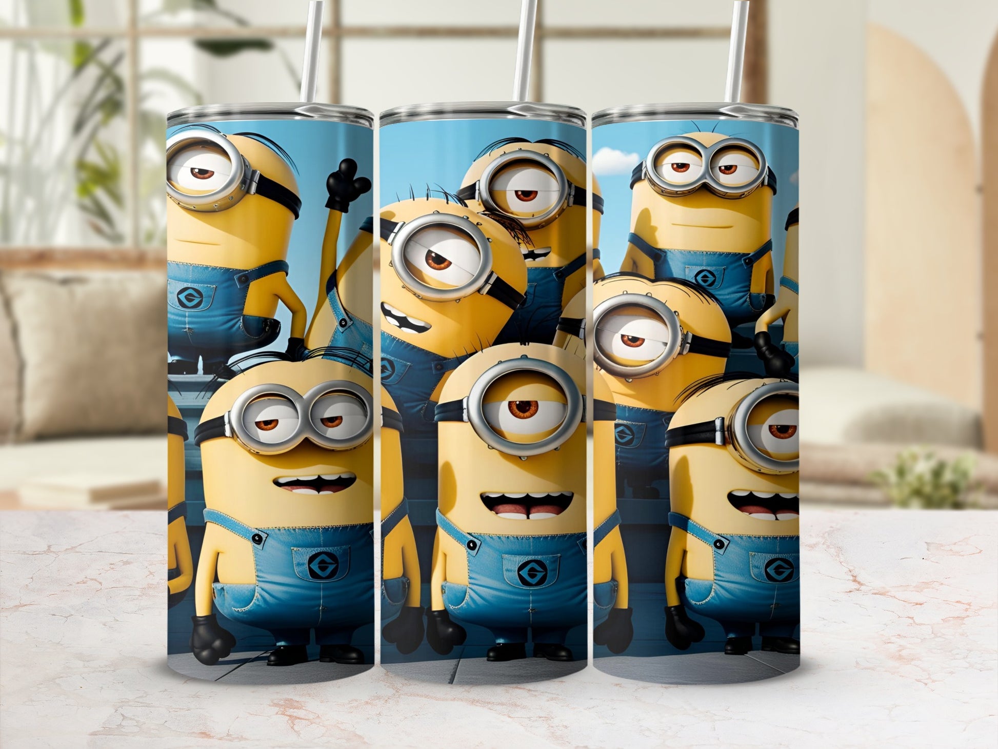 Minions in denim overalls with straws on a blue background.