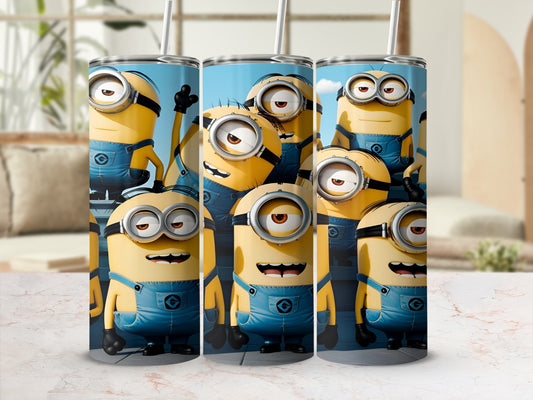 Minions in denim overalls with straws on a blue background.