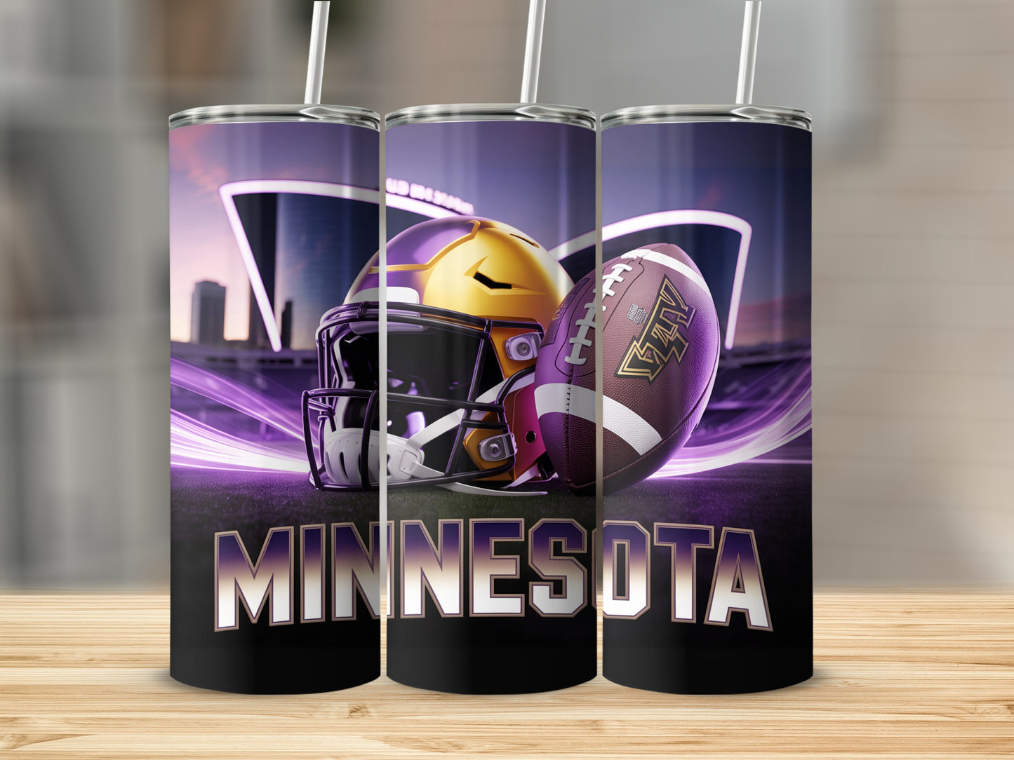 Minnesota Vikings helmet and football on stadium background.