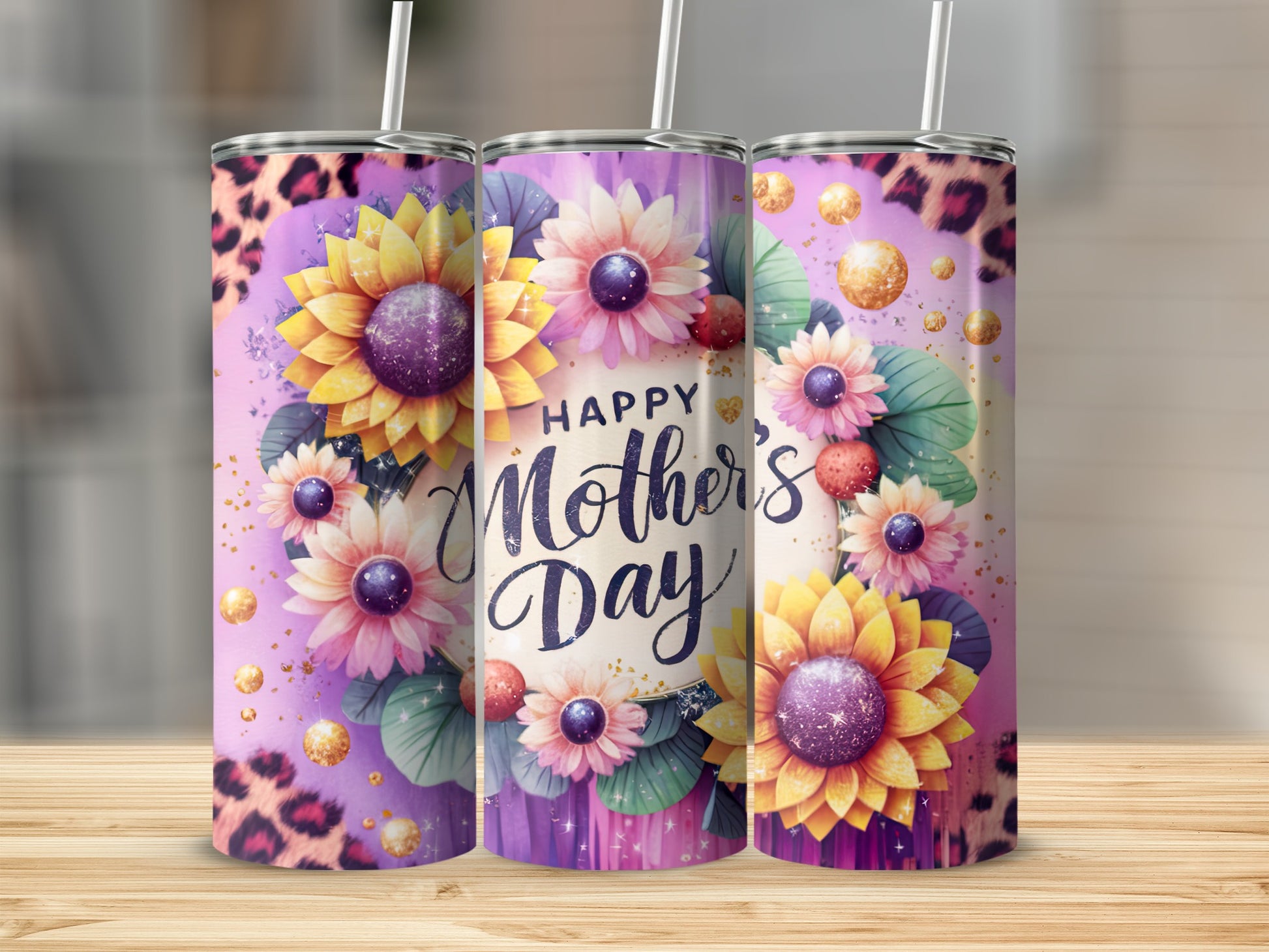 Happy Mother's Day tumbler with sunflowers and leopard print.