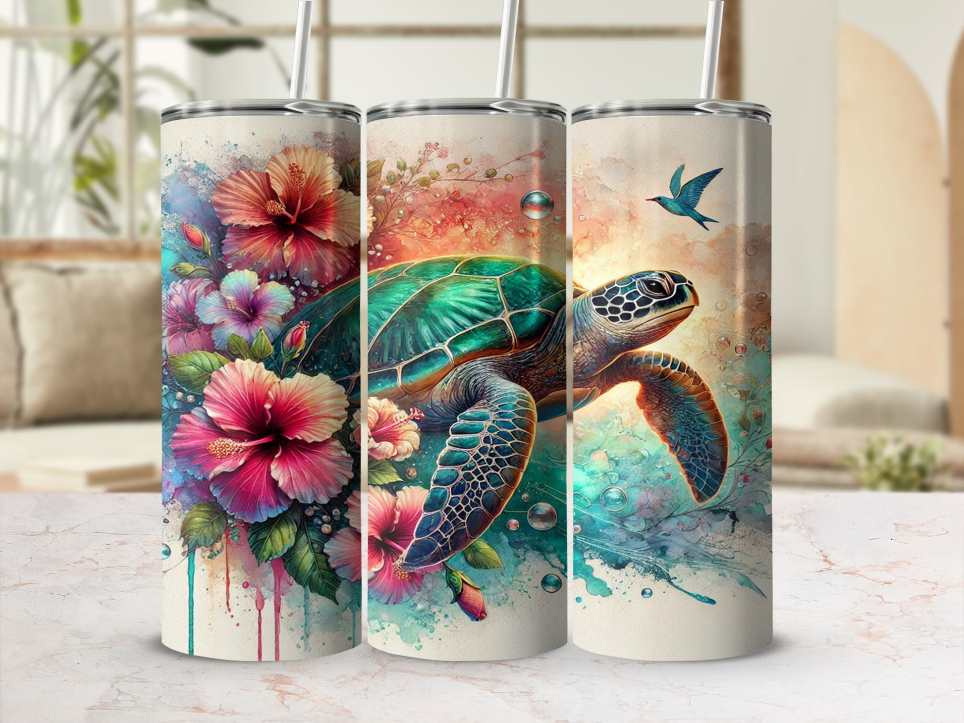 Colorful Floral Sea Turtle Design Stainless Steel Tumbler